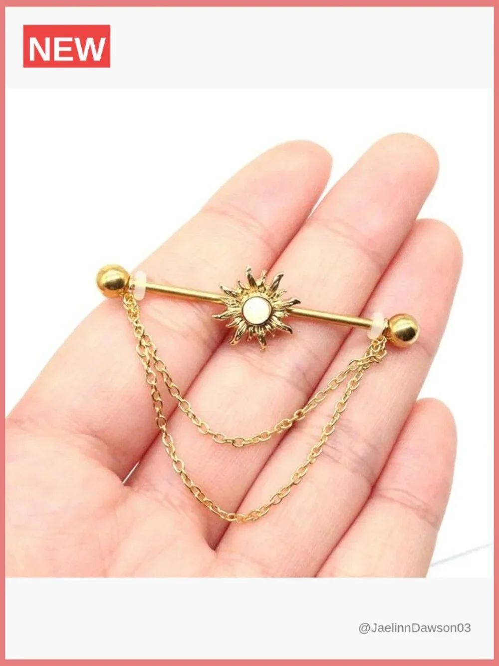 14G Gold Stainless Steel Sun Industrial Barbell Piercing Earrings Dangle Chain